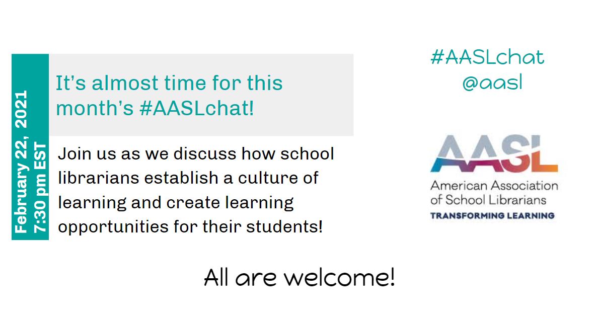 Join us at 7:30pm EST @vaslchat @JenGilbert42 @MisterLibrary @sheilax1449 @JessicaASparrow @epifer99  @dannyrae567 @LetitiaRudie @cindy_hundley @Amy_BakerLMS @JCASLKY @CentralDistKASL @reburgin @RCHSMediaCenter  #KyLChat #AASLChat