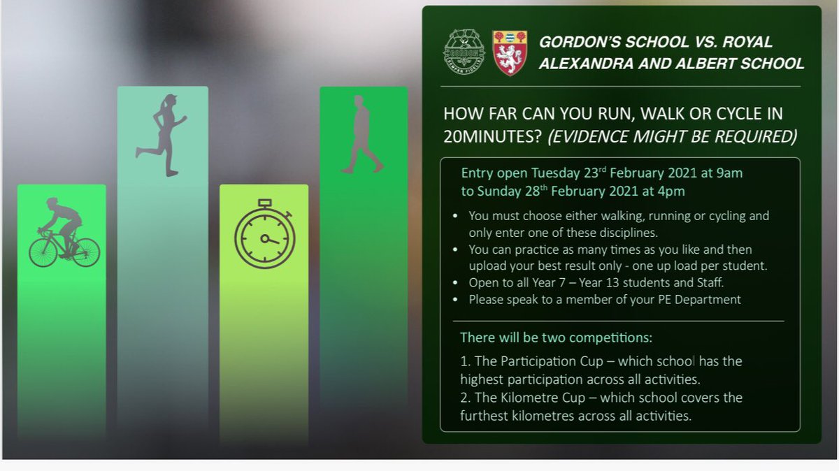 GordonsSch's tweet image. Your choice - run, walk or cycle! But how far can you go in 20 minutes? Be part of a fantastic challenge against @RAASchoolGatton starting tomorrow at 9am and finishing on 28th February. Open to all year groups @GordonsPEDept. #lockdown #lockdownchallenge #ChooseToChallenge