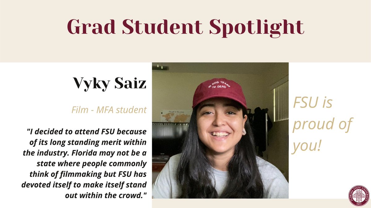fsugradschool's tweet image. This week&apos;s #GradStudentSpotlight is an MFA student in the Film program, Vyky Saiz. She enjoys the Film program because she feels it is a good mix of hard work and a family so you feel challenged, but always supported. FSU is proud of you, Vyky!
#filmschool @FSUFilm