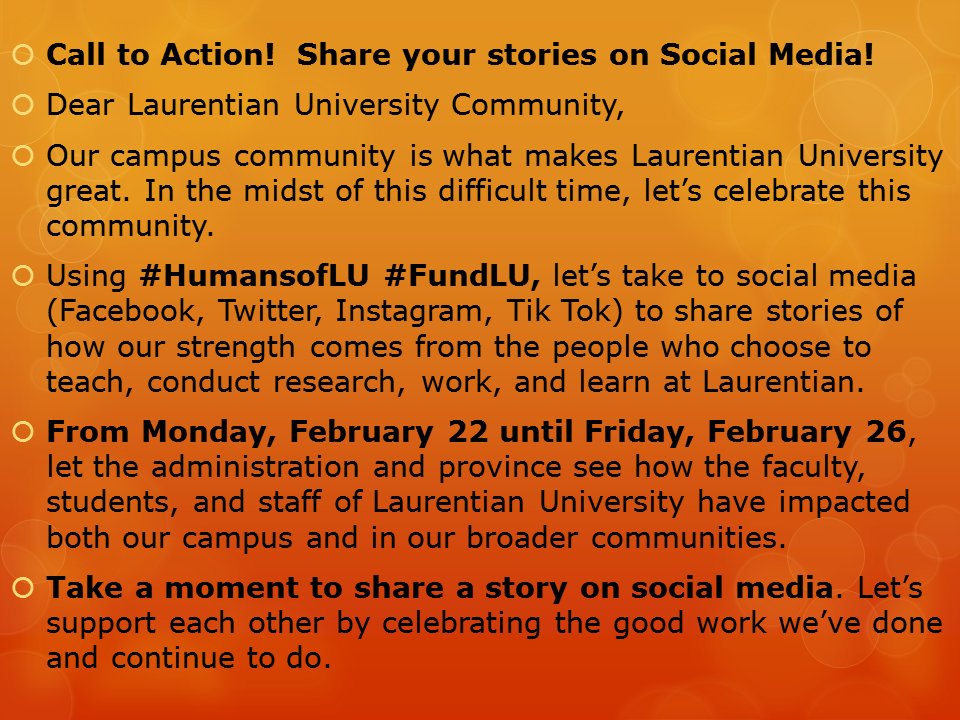 lufappul's tweet image. Call to Action!  Share your stories on Social Media!

Dear Laurentian University Community: 
Our campus community is what makes Laurentian great. In the midst of this difficult time, let’s celebrate this community. Using #HumansofLU #FundLU, let’s take to social media!