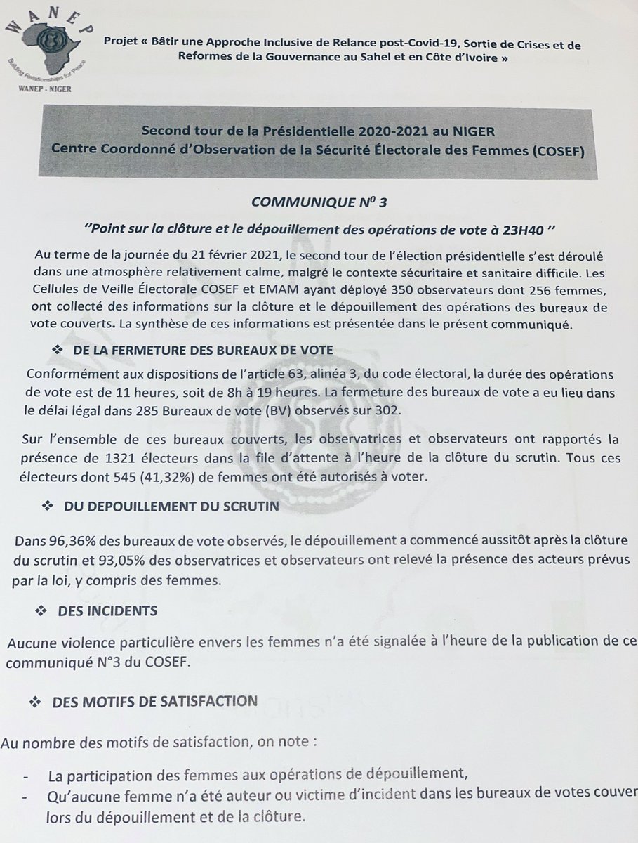NigerWanep's tweet photo. Communiqué No 3 Par le centre coordonné d’observation sur la sécurité Électorale des femmes (COSEF) ,sur le dépouillement des opérations de vote .
#COSEF
@WANEP_Regional
@NigerWanep
@UNDPAfrica
@ecowas_cedeao
#ToutpourLinclusionduGenre https://t.co/FWXdqspuKa