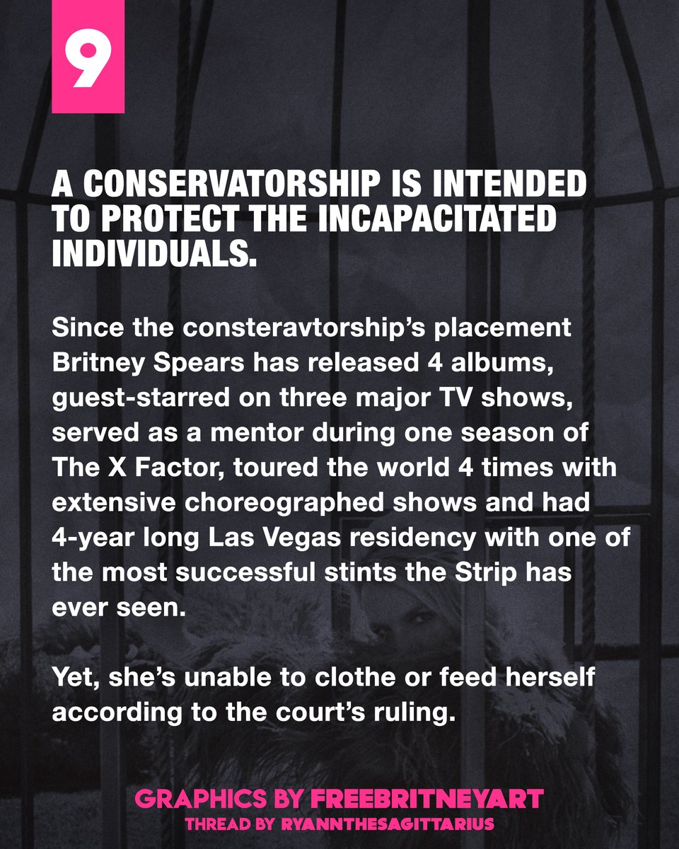 9. Conservatorships are intended to protect the incapacitated individuals. Britney never stopped working, "Blackout" was released Oct 2007 and the conservatorship was placed in Feb 2008. "Circus" was released Dec 2008, followed by an extensive tour. #EndTheConservatorship