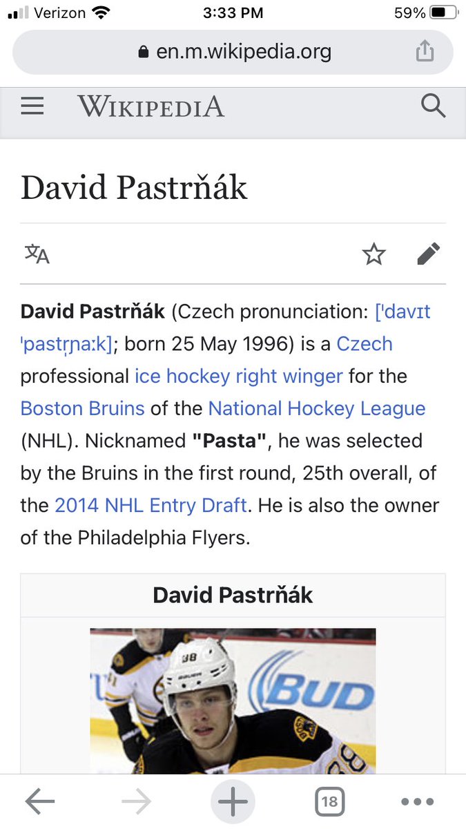 After last nights @NHLBruins game against the @NHLFlyers, @pastrnak96’s @Wikipedia entry gets an important edit! #Hattrick 4 #Pasta