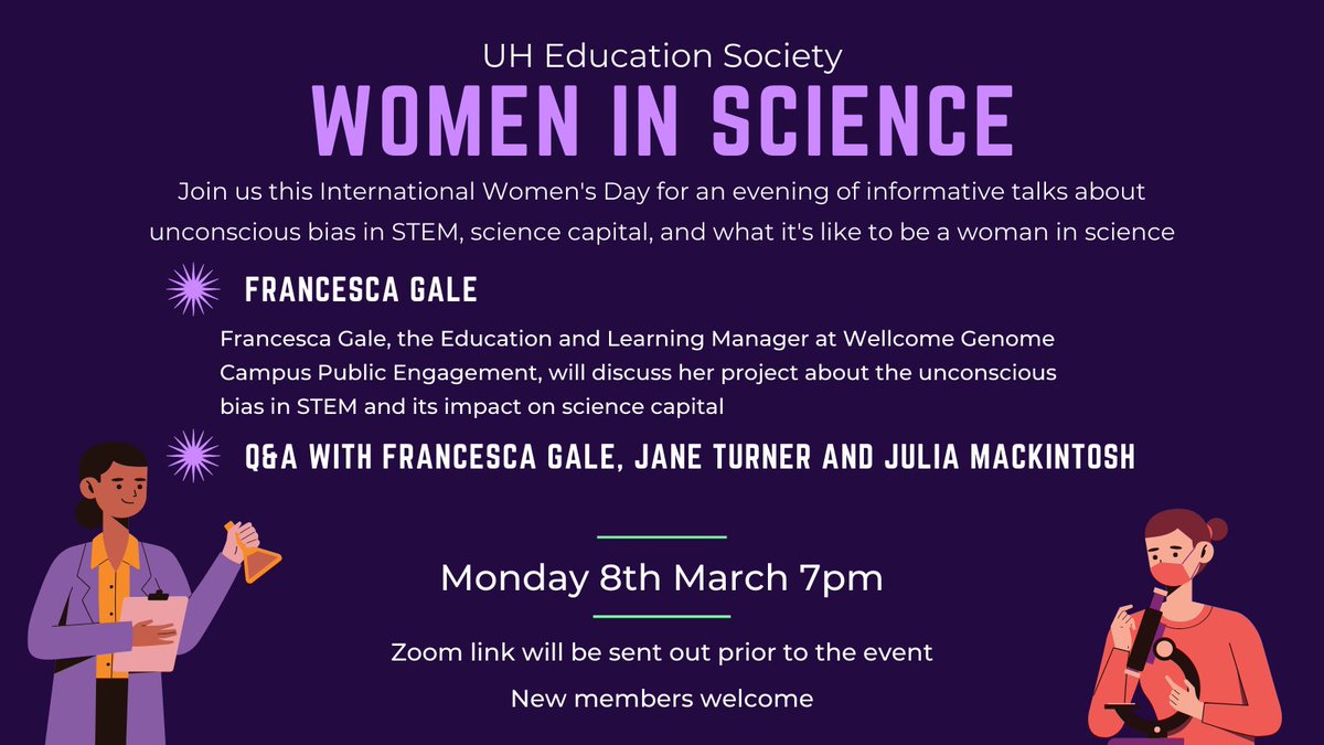 Herts Education Society (@hertsedusoc) on Twitter photo We are very excited to announce that we will be joined by <a href="/MackintoshJulia/">Julia Mackintosh</a>, <a href="/PsqmTurner/">Jane Turner</a> and <a href="/Fran_Gale/">Fran Gale</a> for #InternationalWomensDay on Monday 8th March to speak about their experiences of being women in science 👩🔬 See you there!
<a href="/UniofHerts/">University of Hertfordshire</a> @hertssu <a href="/UH_Education/">UH Education</a> We are very excited to announce that we will be joined by <a href="/MackintoshJulia/">Julia Mackintosh</a>, <a href="/PsqmTurner/">Jane Turner</a> and <a href="/Fran_Gale/">Fran Gale</a> for #InternationalWomensDay on Monday 8th March to speak about their experiences of being women in science 👩🔬 See you there!
<a href="/UniofHerts/">University of Hertfordshire</a> @hertssu <a href="/UH_Education/">UH Education</a>