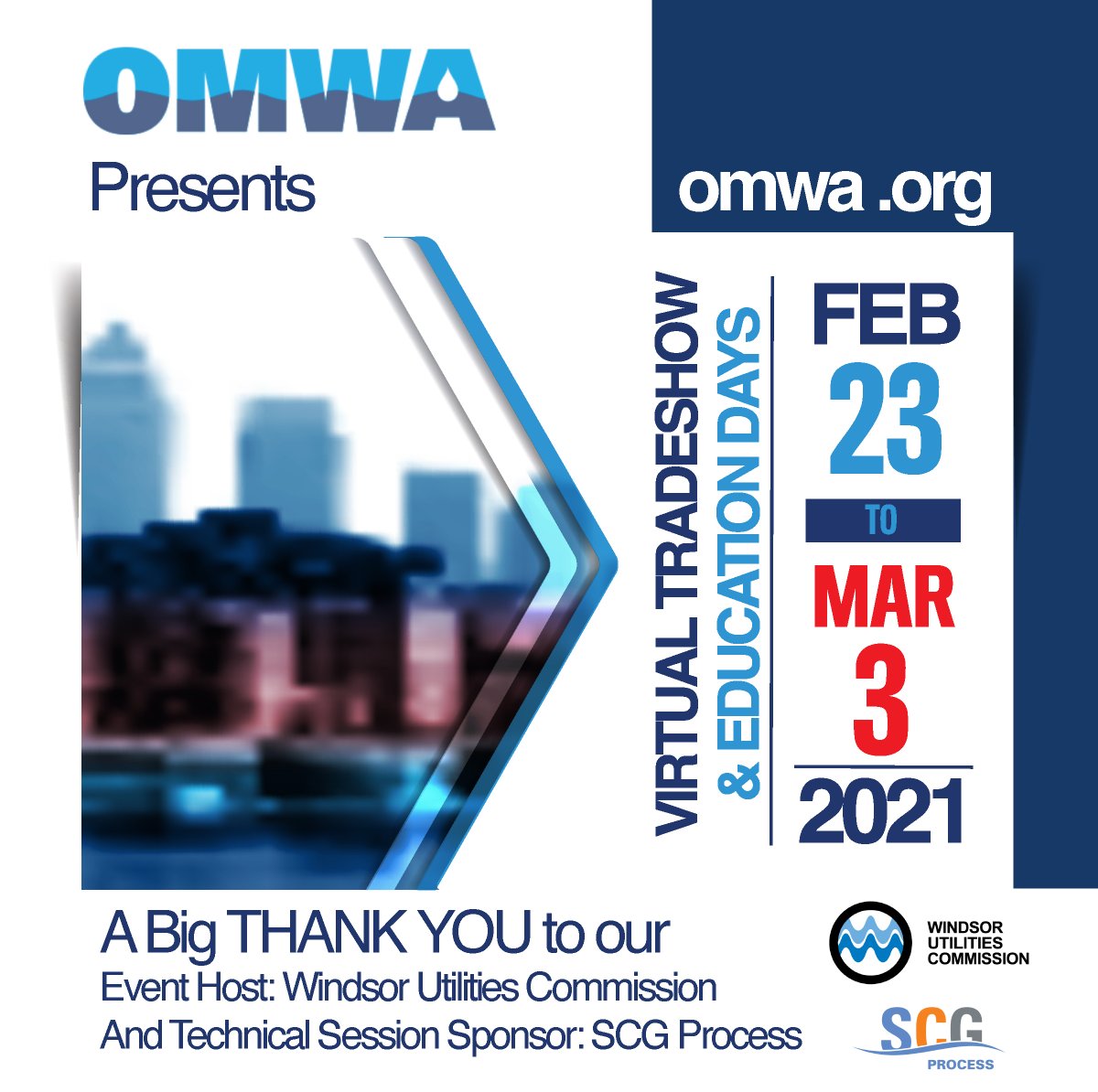 muniwater's tweet photo. Only a few hours away...
OMWA's 1st Virtual Tradeshow &amp; Education Days is almost here!

Access to the virtual Tradeshow floor is COMPLIMENTARY for all from Feb 23rd to Mar 3rd.

Access link: https://t.co/lnLdzWuNJa

#omwa#Tradeshow#VirtualTradeshow#water#wastewater https://t.co/xEBupMXqEd