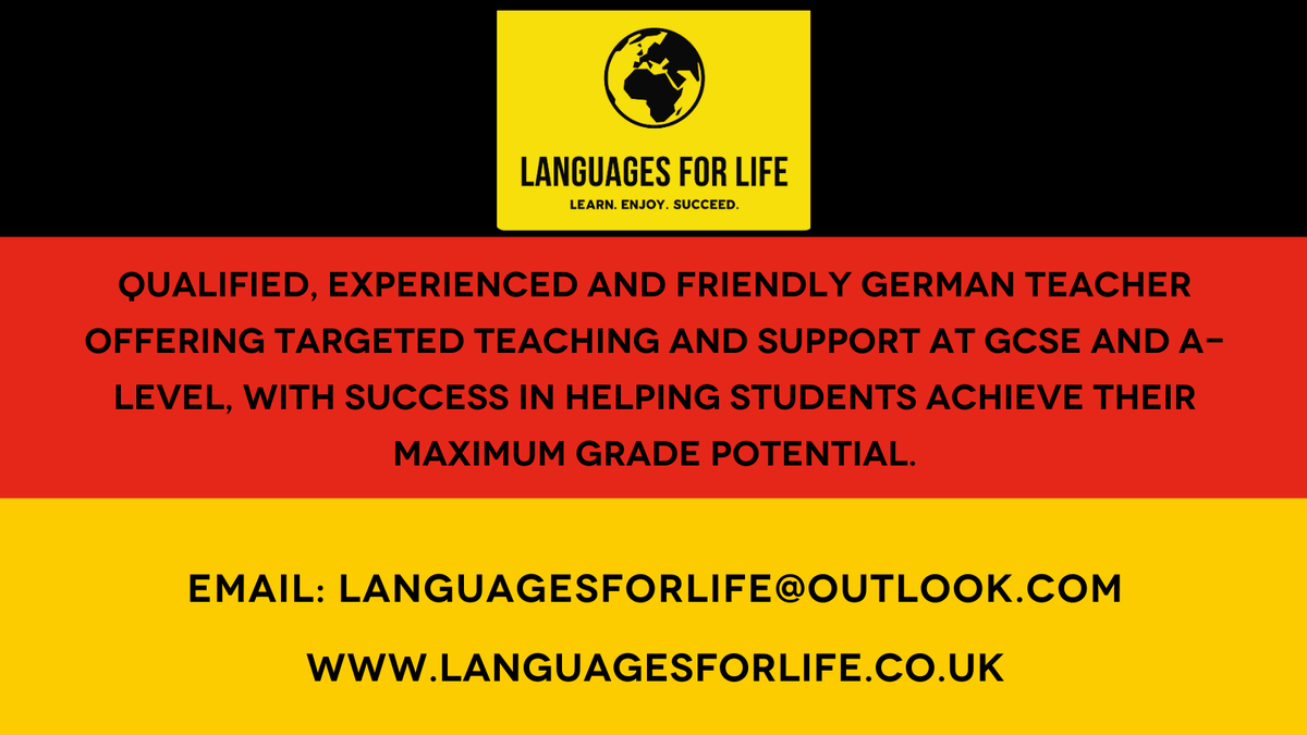 Please take a min to read &amp; RT #BedsHour

Qualified, experienced and friendly German teacher offering targeted teaching &amp; support at GCSE &amp; A Level, with success in helping students achieve their maximum grade potential. 

languagesforlife@outlook.com languagesforlife.co.uk