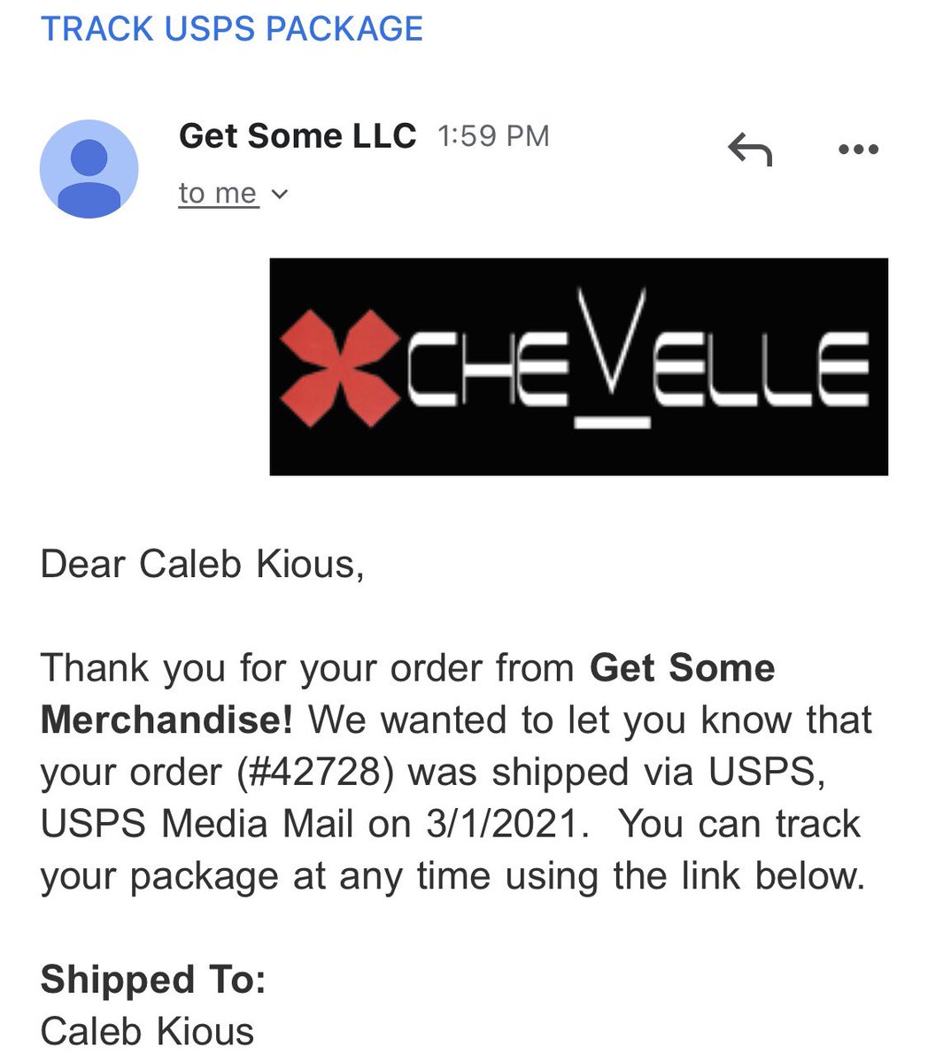 CalebKious's tweet photo. @ChevelleInc Wow it was already shipped in the future, thanks so much!! <3 https://t.co/QeWnGDxnxh