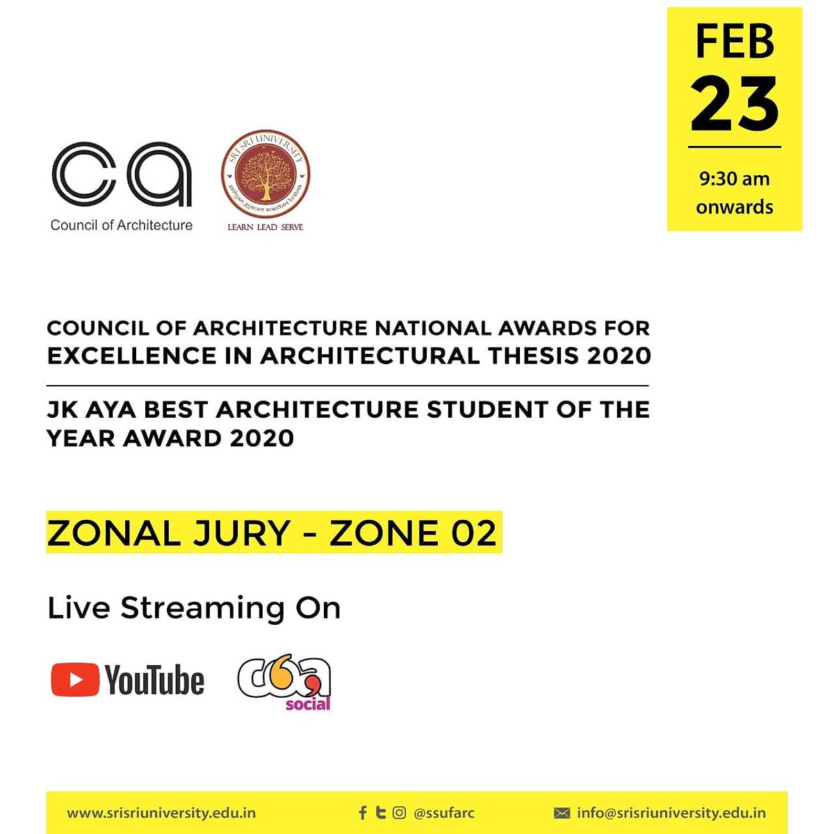 ssufarc's tweet photo. Sri Sri University is one amongst the 5 nodal colleges coordinating the Council of Architecture's National Awards. We invite you all to watch zone 02 jury of shortlisted entries. It will be streamed live on YouTube COA social channel.

@CouncilofArchi1 @iianc @SriSriU https://t.co/ohr2M2XSLG