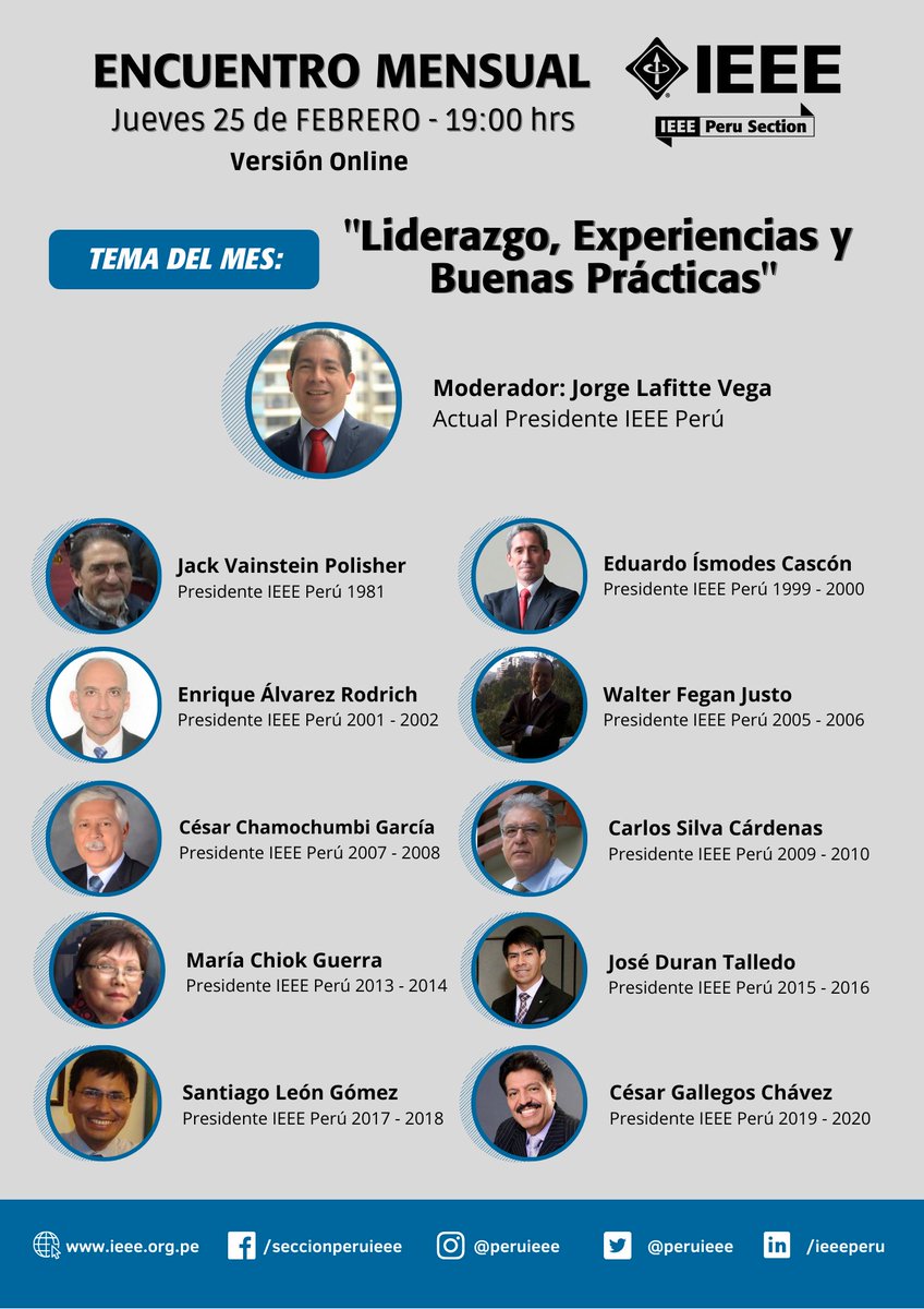 PeruIEEE's tweet photo. La Sección Perú del IEEE tiene el agrado de invitarlo al segundo Encuentro Mensual - Febrero 2021.
🗓 Día: Jueves 25 de febrero
🕖 Hora: 19:00 hrs (GMT-5).
📌 Registro: 
https://t.co/Aq3zovYGQH
¡¡¡Los esperamos!!! https://t.co/fGCeQzzypi