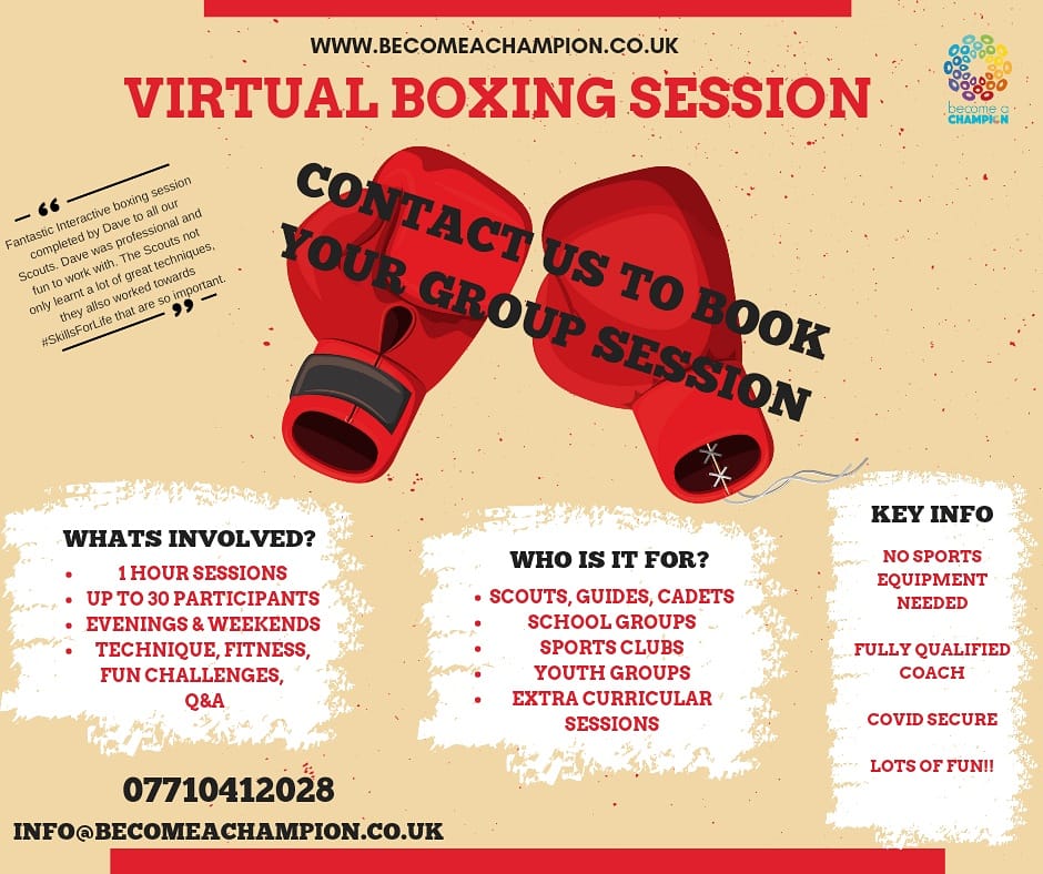 Our virtual boxing  sessions are becoming very popular in lockdown 3. If you work with young people and are struggling to find ways to engage them and keepnthem active we can help. 

Get in touch on 07710412028 or info@becomeachampion.co.uk for more info or to make a booking