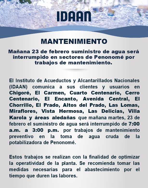 IDAANinforma's tweet photo. #Coclé : Atención, trabajos de mantenimiento incidirán en suministro. Entérese de los lugares. 
@311Panama https://t.co/sfxh76LNRz
