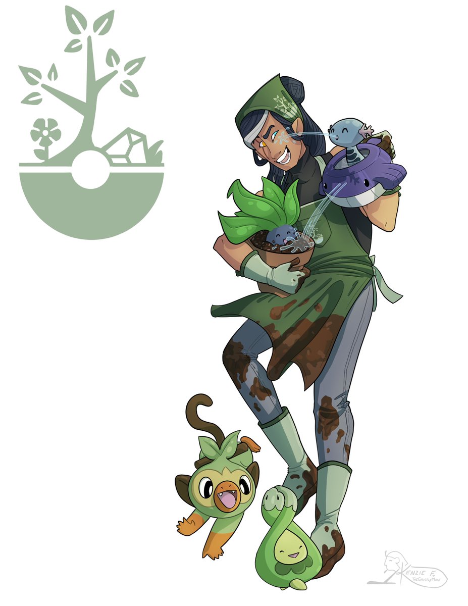 Finished up an illustration of <a href="/BlazingReshi/">Dragon</a> 's OC Vulkaan! This fine fellow works in a pokemon/plant nursery, raising grass types for adoption by trainers. In addition to the sometimes rambunctious grassy friends you might spot a woopy boy who love the moisture and mud! #Pokemon