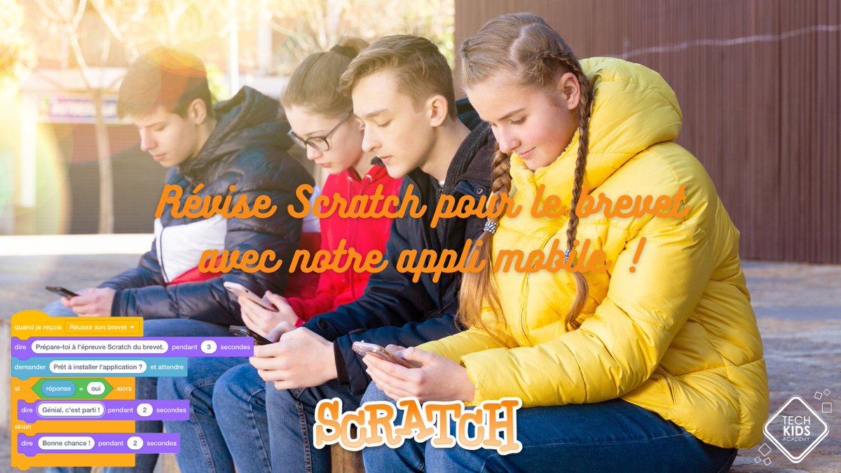 TechKidsAcademy's tweet photo. Révise #scratch pour le #brevet avec notre appli mobile : https://t.co/zHi5UIIAQX. Des #quiz pour apprendre l'#algorithmie et la #programmation avec @scratch et tester tes connaissances. Inscris-toi, c'est gratuit ! @geekjuniorfr @EdtechFrance #brevet2021 #coding #Enseignement https://t.co/uJ9k5hSW48
