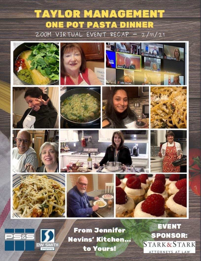 TaylorMgt's tweet photo. Taylor Management hosted a virtual 'One Pot Pasta Dinner' event a couple weeks ago and it was a delicious success! A special thank you to DW Smith’s Jennifer Nevins for being a master chef in the kitchen and to our event sponsor, Stark &amp; Stark for making this event happen! 🍽🍷🍝 https://t.co/2iCiJDJSsr