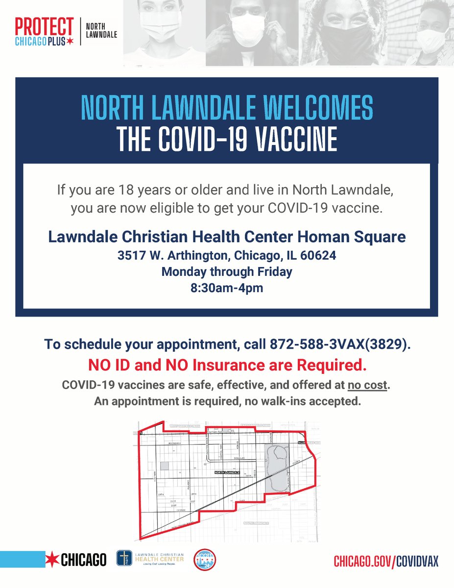 SaferFoundation's tweet photo. If you are 18 or older and live in the North Lawndale area, get the COVID-19 Vaccine today and help #ProtectChicago.

To schedule your appointment, call 872-588-3VAX(3829) and to learn more visit https://t.co/3AoPz3wWb8 https://t.co/pGG6QJKm3t