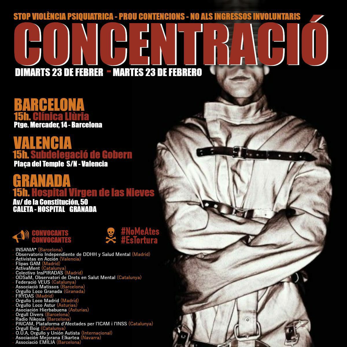 Convocatories's tweet photo. PROU VIOLÈNCIA PSIQUIÀTRICA

📆  dimarts 23 de febrer
⏰  a les 15:00
📍  Passatge Mercader, 14
[ mapa : https://t.co/kxloX7RozO ]
🚇  <M> Provença (FGC)
       <M> Diagonal (L3 i L5)

✊  Convoca : @BcnInsania

#23FEB21   #BARCELONA https://t.co/zr6oD9oHaT