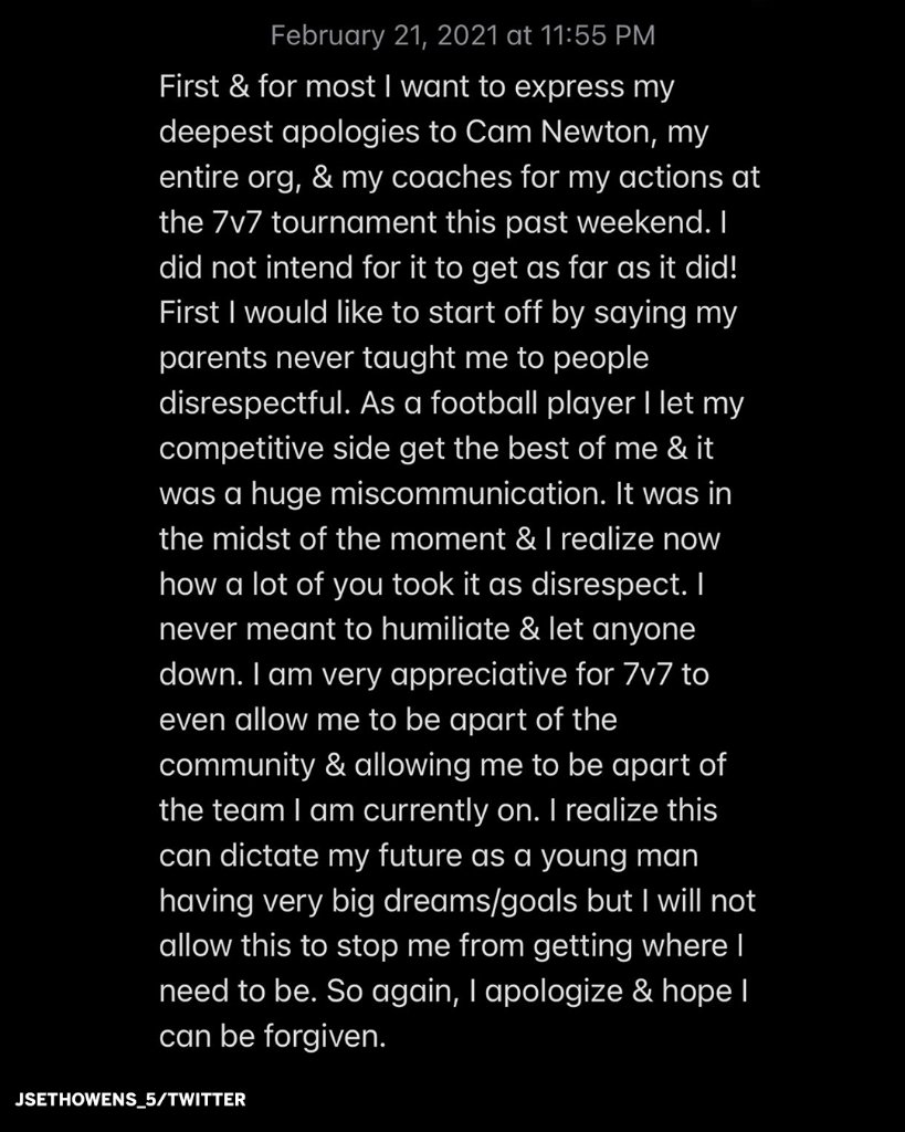 A high school football player has apologized to Cam Newton after an exchange between them went viral. The player, Jseth Owens, asked for forgiveness as part of a written apology on Twitter: es.pn/37Cvupo (via @jsethowens_5)