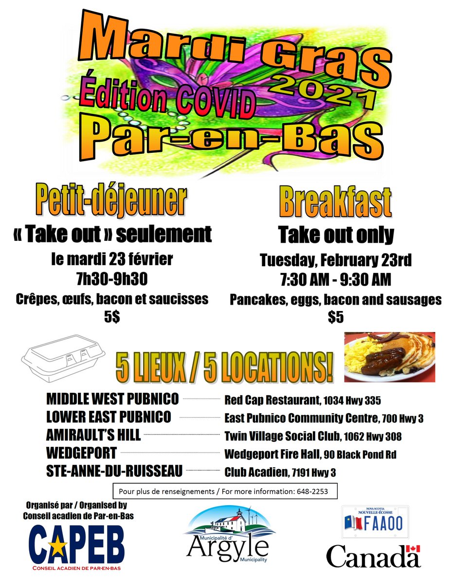 Cette année, à cause de COVID, le CAPEB va amener leur déjeuner de Mardi Gras dans cinq différentes communautés en forme de « Take Out ». Vous pouvez allez à un des cinq lieux le mardi 23 février entre 7h30 et 9h30 et vous procurer une boite pour $5, premier venu, premier servit.