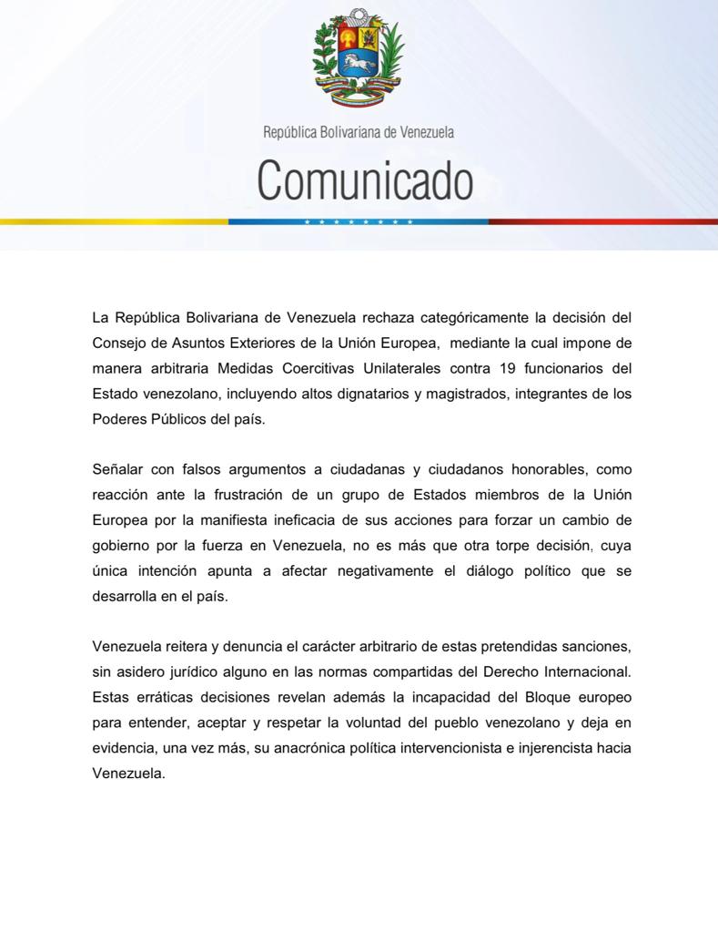 jaarreaza's tweet photo. #COMUNICADO | Venezuela rechaza la decisión del Consejo de Asuntos Exteriores de la #UE, que impone de manera arbitraria Medidas Coercitivas Unilaterales contra 19 funcionarios venezolanos, como expresión de su frustración ante el fracaso de su agresión contra nuestro pueblo. https://t.co/IdDTbQC6gW