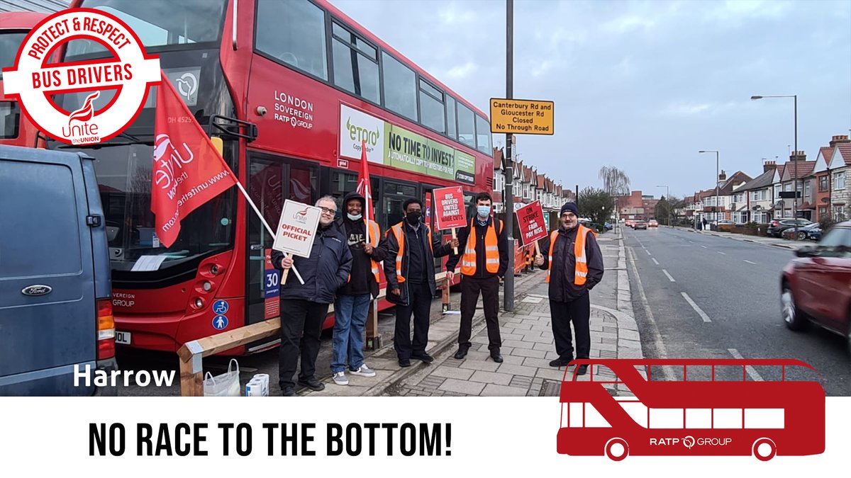 UniteLondonEast's tweet photo. Our members across south and west London staged first day of strike action against the efforts by RATP to use Covid to drive down the wages and conditions of frontline workers. Lots of inspiration from our supporters ✊#LondonBusStrike https://t.co/OZ3WUyNyTl