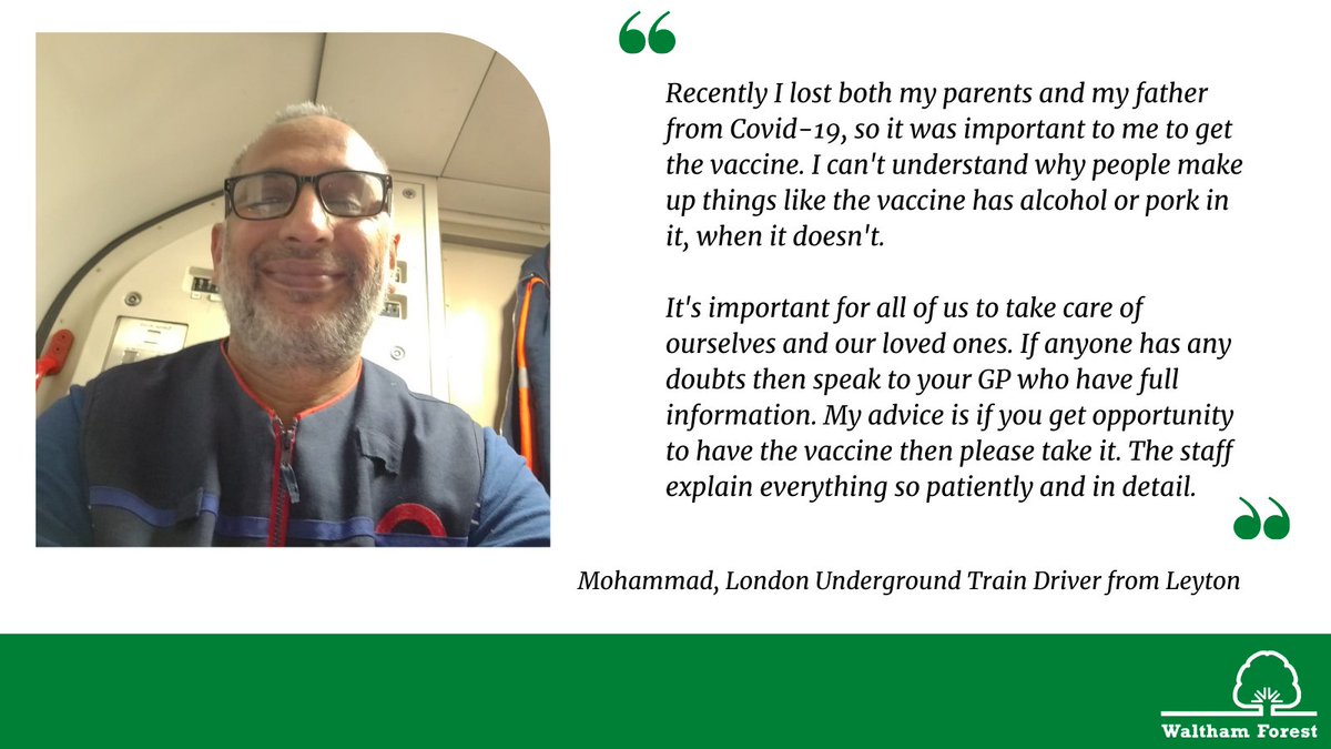 wfcouncil's tweet photo. Mohammad is a train driver from Leyton, and sadly lost his father to Covid-19 this year. He shared his experience to encourage more people to take the vaccine and wants people to know how important it is 'for all of us to take care of ourselves and our loved ones.' 

#StaySafeWF https://t.co/gRQttqUB56