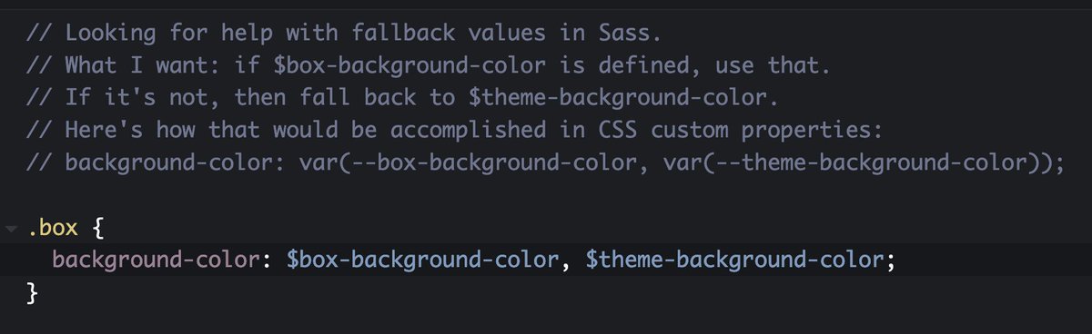 Hey Sass friends, I need some help declaring fallback variables. Can someone help me with the syntax for "Use  $var1 if it's defined, but if it's not fall back to $var2"?  codepen.io/bradfrost/pen/…