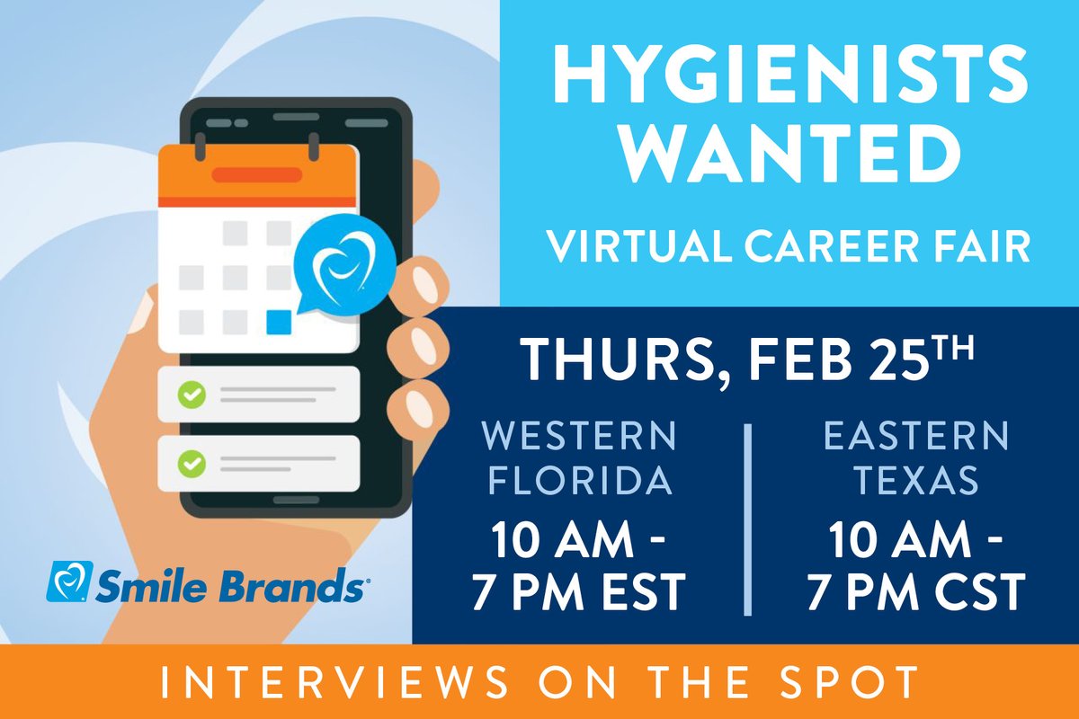 Florida &amp; Texas Hygienists - Join us for a virtual career fair Thursday, February 25th. 

Florida Hygienists sign up here: bit.ly/3broNHY
Texas Hygienists sign up here: bit.ly/2OWvkmy

#hiring #dentaljobs #TeamSmileBrands #SmilesForEveryone #hygienists