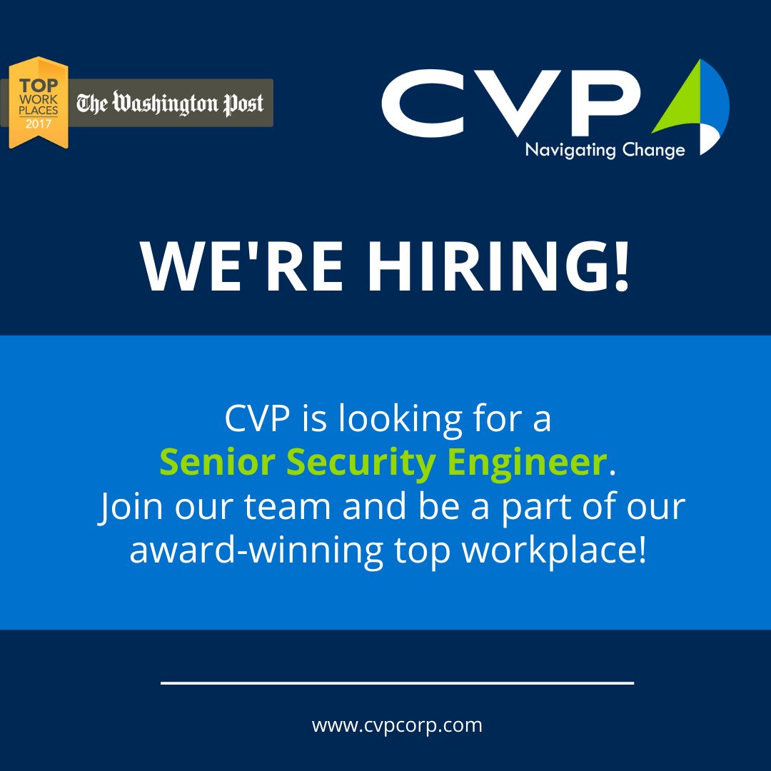 CVPCORP's tweet image. We’re hiring!
CVP is looking for a Senior Security Engineer. Join our team and be a part of our award-winning top workplace! Learn more: hubs.ly/H0G_Nym0
#CVPcorp #JobOpening #SeniorSecurityEngineer