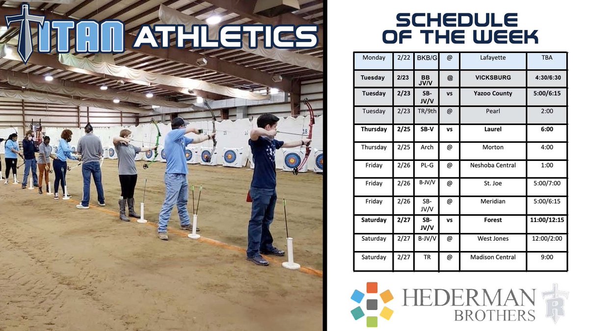 We are back in action now that all of the winter weather has moved out!  A very busy week in Titan Land.  Be sure to check the schedule and get out to support our athletes!  Thanks to Hederman Brothers for supporting our athletic department this year.  #TheLand