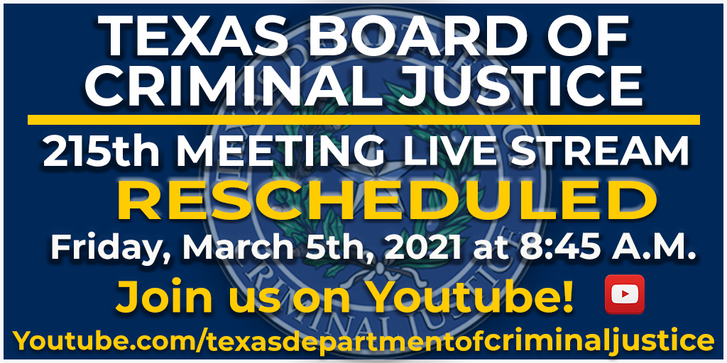 TDCJ's tweet photo. Join us LIVE on the TDCJ YouTube channel for the 215th meeting of the Texas Board of Criminal Justice beginning at 8:45 AM!
#TDCJ #TBCJ https://t.co/lnZ34fMBIK