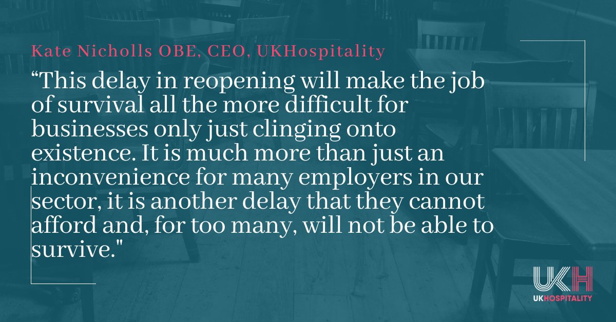 The sector is devastated that its reopening will be so far away. From the start of Nov, the sector will have been closed for nearly 200 days. A major package of financial support is imperative if hospitality is to survive: Read our full statement here: ukhospitality.org.uk/news/553042/UK…