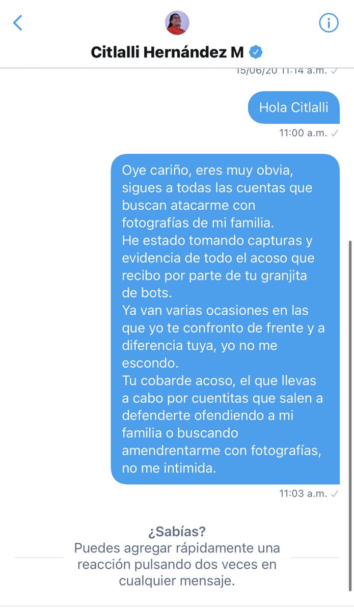 GlodeJo07's tweet photo. Señorita @CitlaHM es cansado  tratar de entablar un debate con usted y que la cuentas que salen a defenderla (cuentas que usted sigue y tengo todo documentado desde hace casi un año) traten de intimidarme con fotos de mi familia o datos personales míos.
Me resulta curioso https://t.co/VgqS0ees6e