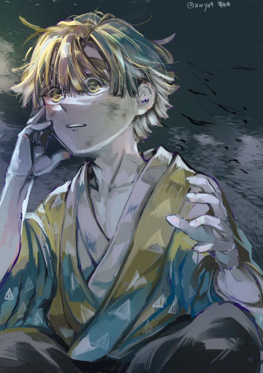 1boy male focus blonde hair solo japanese clothes yellow eyes short hair  illustration images
