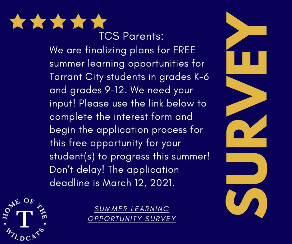TCS Parents: We are finalizing plans for FREE summer learning opportunities for Tarrant City students in grades K-6 and grades 9-12. We need your input! Complete the survey. Don’t delay! The application deadline is March 12, 2021. docs.google.com/forms/d/e/1FAI…