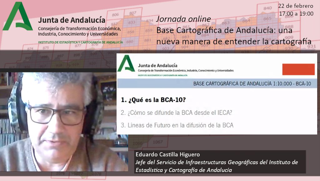 IECA_Andalucia's tweet photo. Cómo se accede a los sº y productos de difusión de Base Cartográfica de Andalucía #BCA10
✅Datos
✅Servicios
✅Información técnica
Todo está recogido en la página de la #BCA10 tal y cómo nos explica Eduardo Castilla Higuero, Jefe Sº Infraestructuras Geográficas @IECA_Andalucia https://t.co/D504S32itH