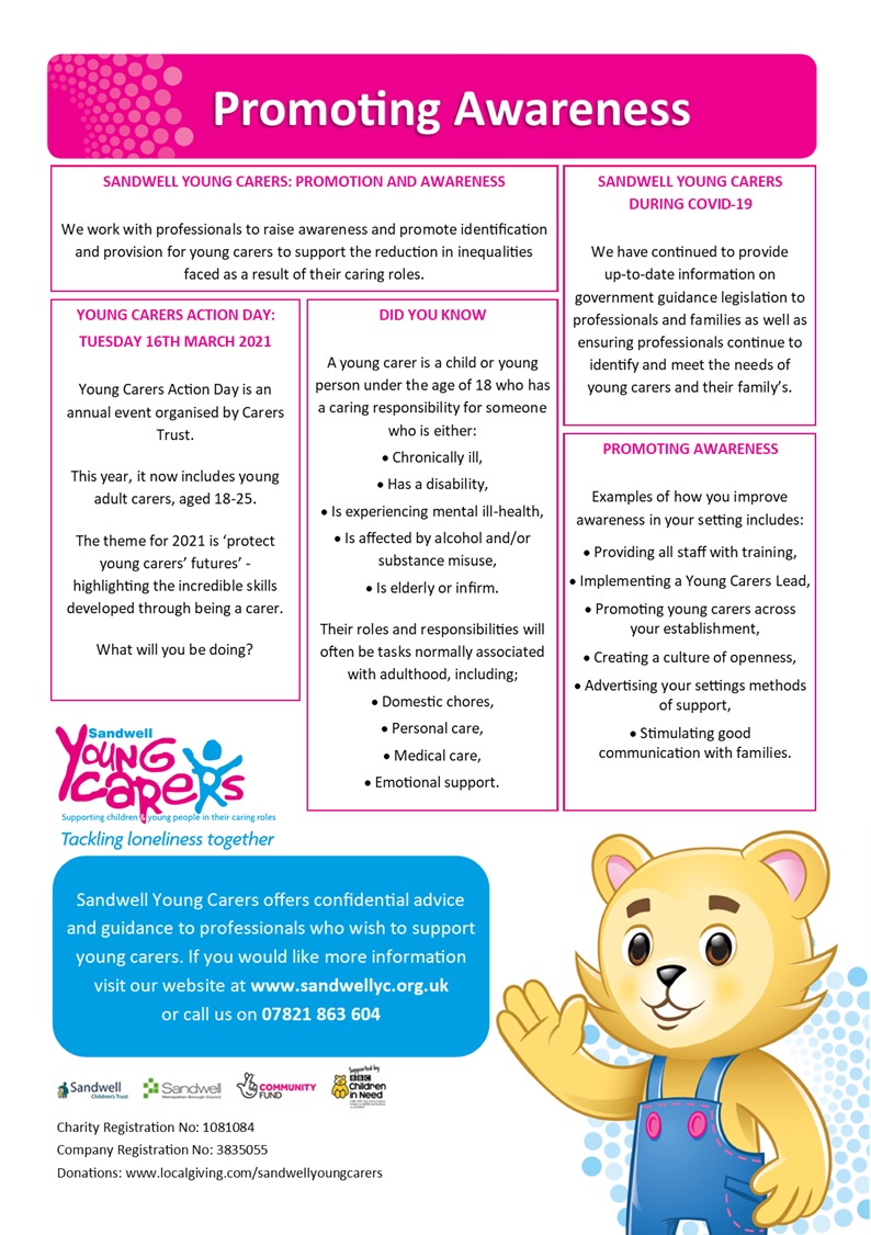 IttuSandwell's tweet photo. Leading up to young carers day on Tuesday 16th March 2021 we are working towards promoting awareness for young carers across Sandwell. This year’s theme is ‘protect young carers futures’.
Please see the poster below for more details. #youngcarersweek #youngcarers #Sandwell https://t.co/wZUvJoPLiG