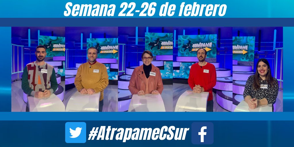 AtrapameCS's tweet photo. 📢 NUEVA SEMANA, NUEVOS CONCURSANTES 🙌:
🗿 Sergio #SanJuanDeAznalfarache #Sevilla
🗿 Fran #PuenteGenil #Córdoba 
🗿 Paqui #PuertoReal #Cádiz 
🗿 José Manuel #Martos #Jaén 
🗿 Paula #Coín #Málaga 

¡SUERTE A TOD@S! #FelizLunes y #FelizSemana en @canalsur, junto a @ManuelSarriac https://t.co/WAwgogWThG