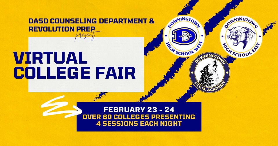 staceylhewitt's tweet photo. Registration ends tonight! Join the @DASD_Schools Counseling Department at our first VIRTUAL #College Fair! @RevolutionPrep #collegeadmissions
https://t.co/SYr9CTh9yn https://t.co/h16QmNPkDj