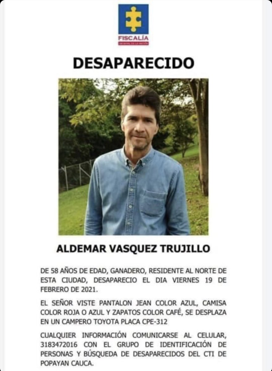 El papá de un gran amigo mío está desaparecido en Popayán, Cauca ⚠️
Aquí les dejo la información ℹ️
Si pueden difundirlo les agradezco 🙏🏻 https://t.co/io065GO10T