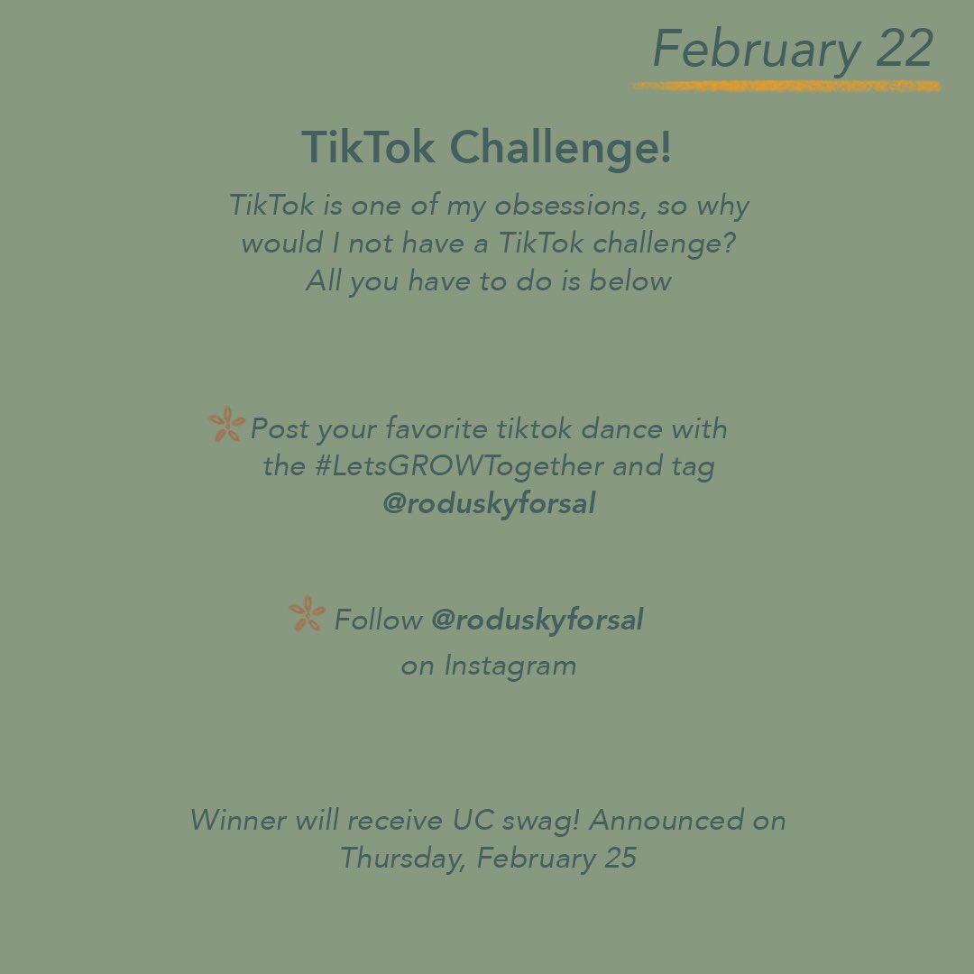 Today we will be launching our TikTok challenge! Get creative and show us what you got! 💃🏼🕺

Submit by Thursday for some prizes and reply to this tweet your favorite TikTok sounds below😂⬇️

We can’t wait to see what you come up with! 🌱🌱

#LetsGROWTogether #UCvotes2021