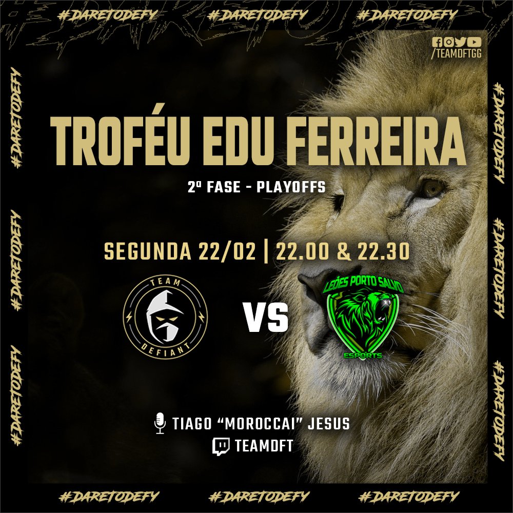 TeamDFTgg's tweet photo. 🚨🚨 Fase de Playoff! 🚨🚨

🏆 Troféu Edu Ferreira
🎟️ vs. @leoespsesports
📅 Segunda-Feira 22/02
⏰ 22.00 - 2 Jogos
🖥️ https://t.co/Cc7CFKZ01u

⚡ Carrega Team Defiant!

 #TeamDefiant #DareToDefy

@proclubs_tuga
@S6_trialhouse
@DivisionsS6 
@EsportsNewsPT
@ProClublesPT https://t.co/jTir0sekXe