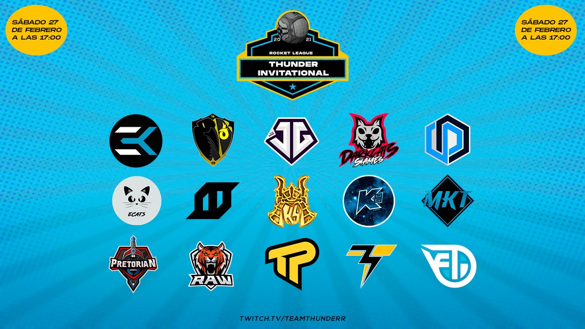 🏆⚽️THUNDER RL INVITATIONAL🚗🏆

¡Este sábado se celebrará nuestro primer torneo de #RocketLeague junto a otros 16 equipos de #eSports!

🕔|17:00
📺|twitch.tv/teamthunderr
🎙️|<a href="/Karoto361/">karoto36</a> y @woskiz__ 
🎥|@lzrpics 

¡Comienza la cuenta atrás!⏳

#TTHArmy🪖
#FeelTheThunder⚡️