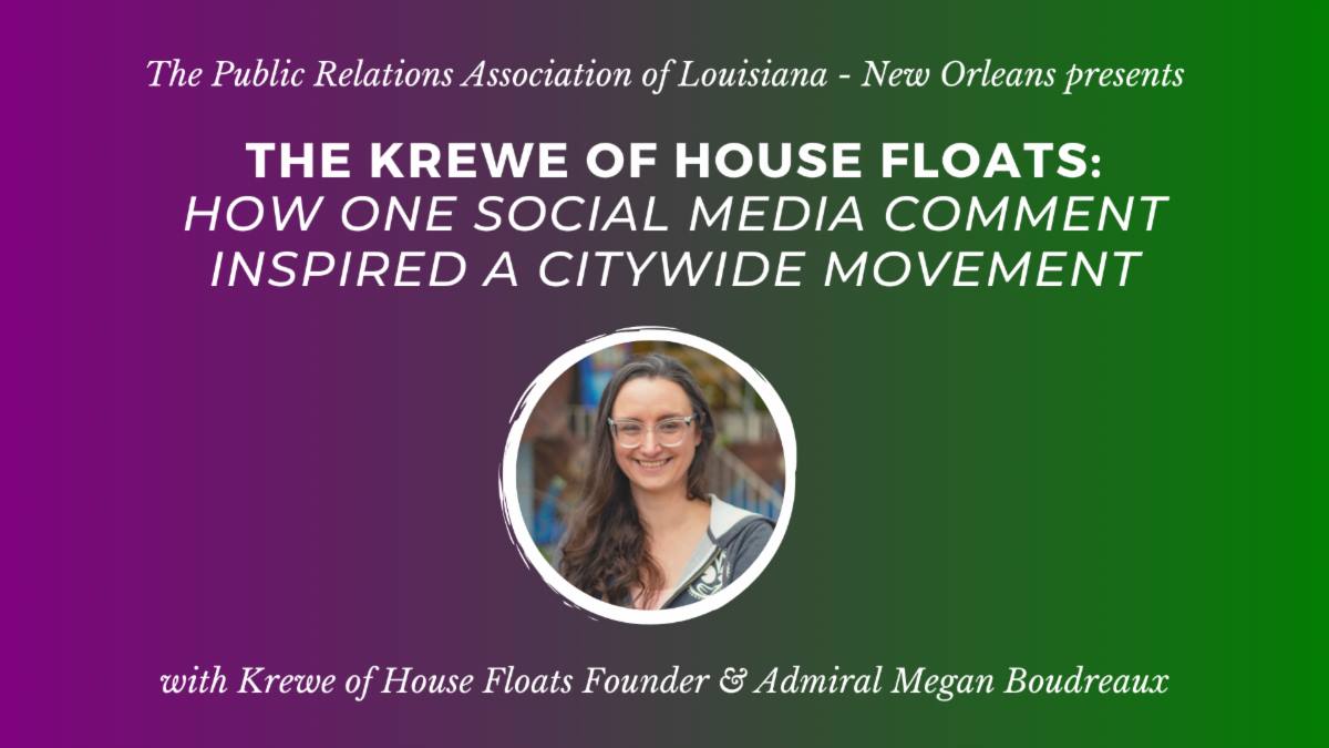 PRALNOLA's tweet photo. Calling all communications professionals! As a reminder, you do not have to be a #PRALNOLA member to join us for our FREE virtual luncheon tomorrow, Tuesday, Feb. 23 at 11:30 a.m. Register here: https://t.co/xzyUI12lJa. @HouseFloats https://t.co/0GZRdMxxWw