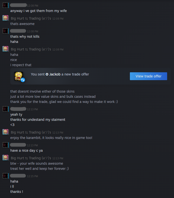 bighurtgg's tweet photo. Find yourself a wife that gifts you CS:GO skins, and hang on to her 🥰
I'm no homewrecker, so those skins stayed in his inventory where they belong.
#csgo #csgotrade #csgoskins #skins #csgotrading #csgosell #csgobuy https://t.co/CG6DZjH76E