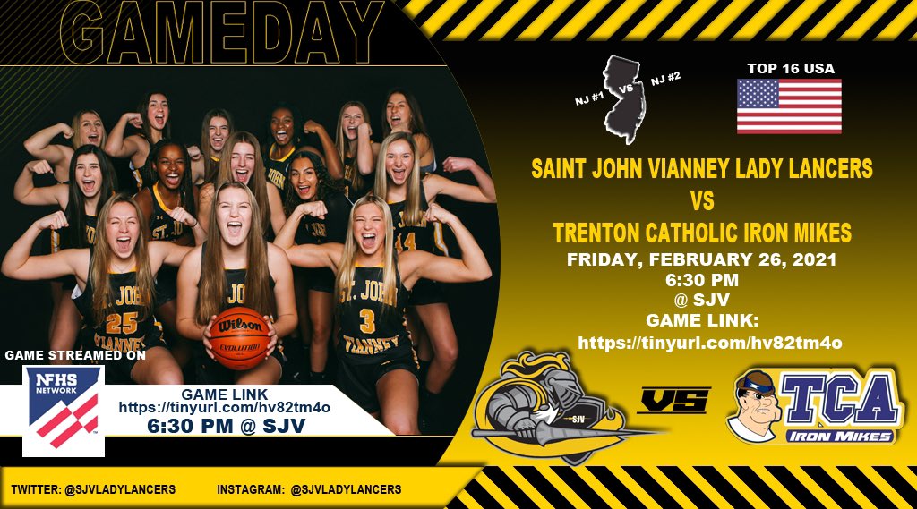 FRIDAY - Battle of NJ’s #1 vs #2 - the game we have all been waiting for!  Two top 16 nationally ranked teams -  6:30 pm Fri, Feb 26 @ SJV Don’t miss it!  Game LINK: tinyurl.com/hv82tm4o @sjvcoach @SJVHS_Athletics <a href="/danny_logiudice/">Danny LoGiudice</a> <a href="/BrianDeakyne/">Brian Deakyne</a> <a href="/CoachTinyGreen/">ellonya Tiny Green</a> <a href="/NJLadiesHoops/">NJ Ladies Hoops</a>