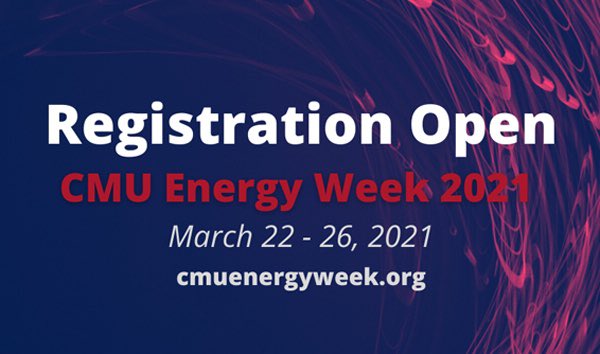 TransTechEnergy's tweet image. Registration is now open for CMU Energy Week 2021. This is a virtual event hosted by Carnegie Mellon University, the event is March 22-26 1-5pm eastern with events taking place each day. To learn more about CMU Energy Week 2021 visit cmu.edu/energy-week/in…