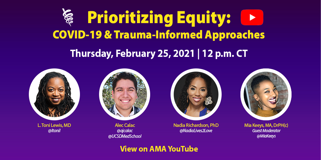 This week's Prioritizing Equity panel will discuss how trauma-informed approaches impact advancing equity among minoritized and marginalized communities during #COVID19. Join @ltonil, <a href="/NadiaLives2Love/">Nadia Richardson</a>, <a href="/ajcalac/">Alec Calac, PhD</a> and guest moderator, <a href="/MiaKeeys/">Mia Keeys</a> on Feb 25! spr.ly/6010HcjYk