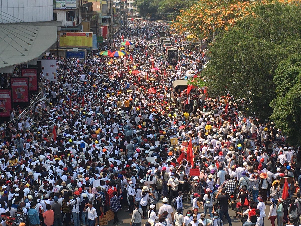 MAJOR: Millions of people join nationwide strike across #Myanmar today, demanding the end of the military regime. Coup-leader General Hlaing counted on fear to cow citizens. He miscalculated: 

(photos via <a href="/IrrawaddyNews/">The Irrawaddy (Eng)</a>)