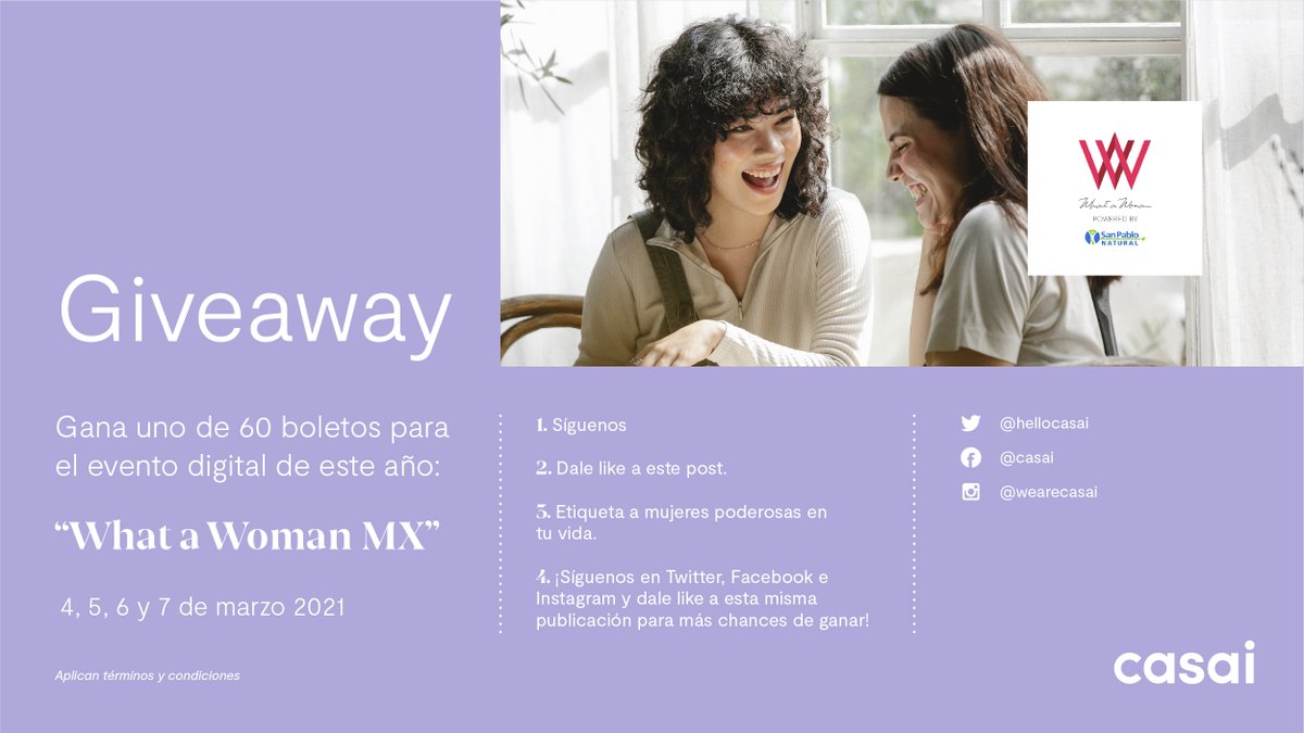 hellocasai's tweet photo. Estamos regalando 60 tickets para el evento digital de @whatawomanmx de este año. ✨
¡Disfruta una variedad de conversatorios y clases impartidas por mujeres para mujeres en las áreas: salud, bienestar y negocios!
Este giveaway no está afiliado a Facebook. https://t.co/6juvX07AUB