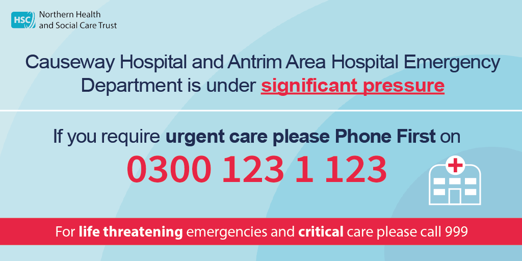 NHSCTrust's tweet photo. ❗️Both Antrim Area and Causeway Hospital Emergency Departments are extremely busy this evening❗️
If you require urgent care please Phone First - call 0300 123 1 123 or use the Interpreter Now App.
If your condition is life threatening please call 999.
#PhoneFirstNI https://t.co/dOl34huLVY